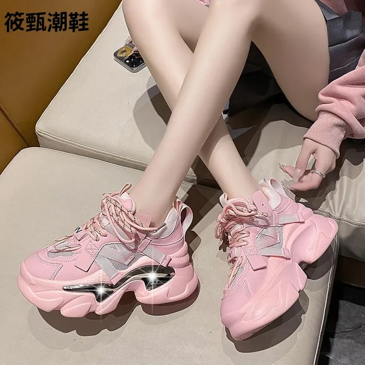 爆款老爹鞋女款2025新款夏季厚底增高鞋子百搭休闲真皮透气运动鞋