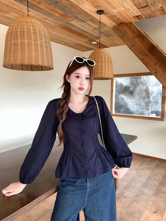 大码胖MM法式娃娃领长袖衬衫女秋装藏蓝色收腰显瘦掐腰设计感上衣商品图