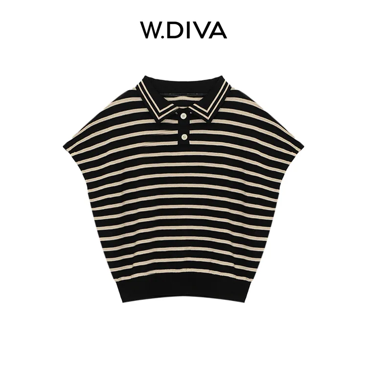 W.Diva【领潮者】桑蚕丝摩登优雅条纹宽肩袖V领翻领针织衫52Z172412