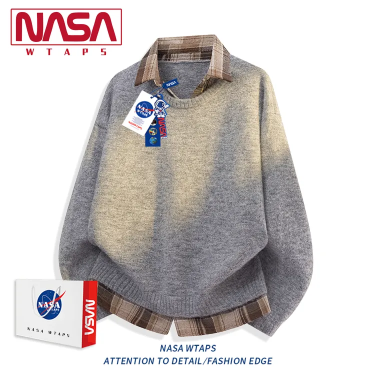 NASA WTAPS美式学院风假两件POLO领针织衫男女款秋冬拼接毛衣外套