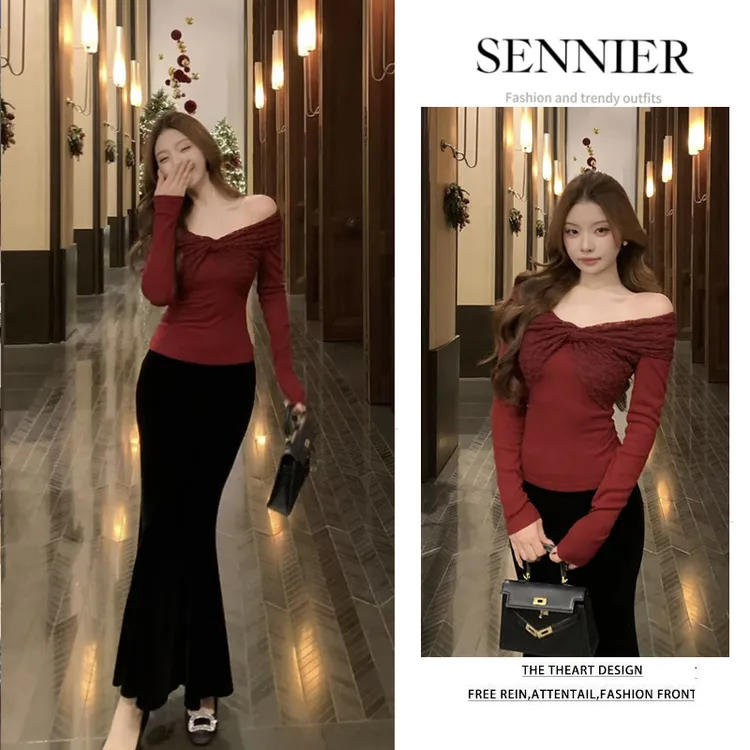 秋季温柔系穿搭女2025新款韩版时尚洋气修身上衣气质半身裙两件套