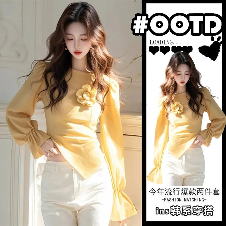 2025春爆款流行立体花朵黄色收腰减龄漂亮百搭高级感超好看上衣女