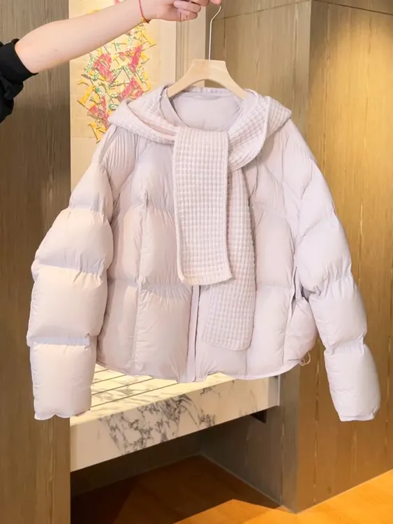 可拆卸针织连帽粉色面包服女2025冬季新款云朵泡芙高级感保暖外套