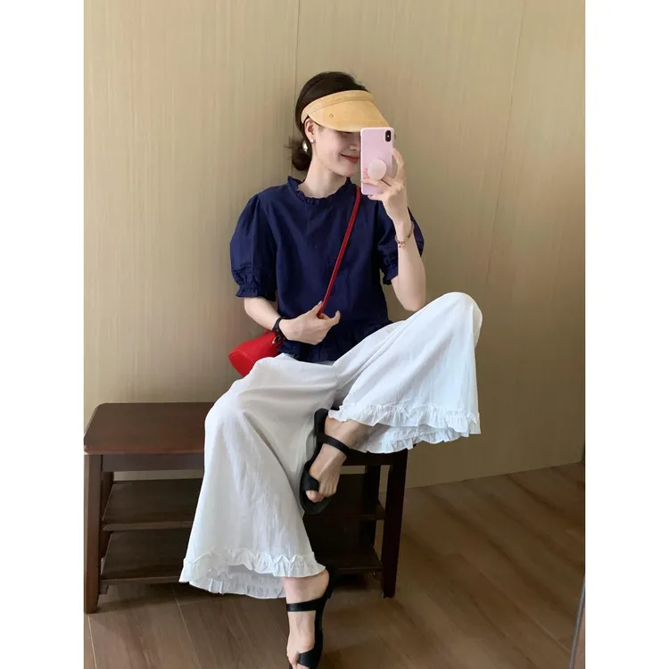 2025年夏季新款法式甜美木耳边泡泡袖短袖衬衫宽松显瘦上衣女套装