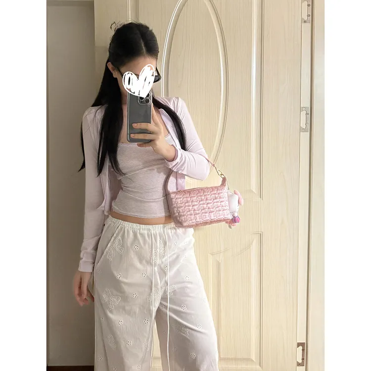 气质甜美风小众长袖开衫吊带背心女新款宽松抽绳提花休闲裤三件套