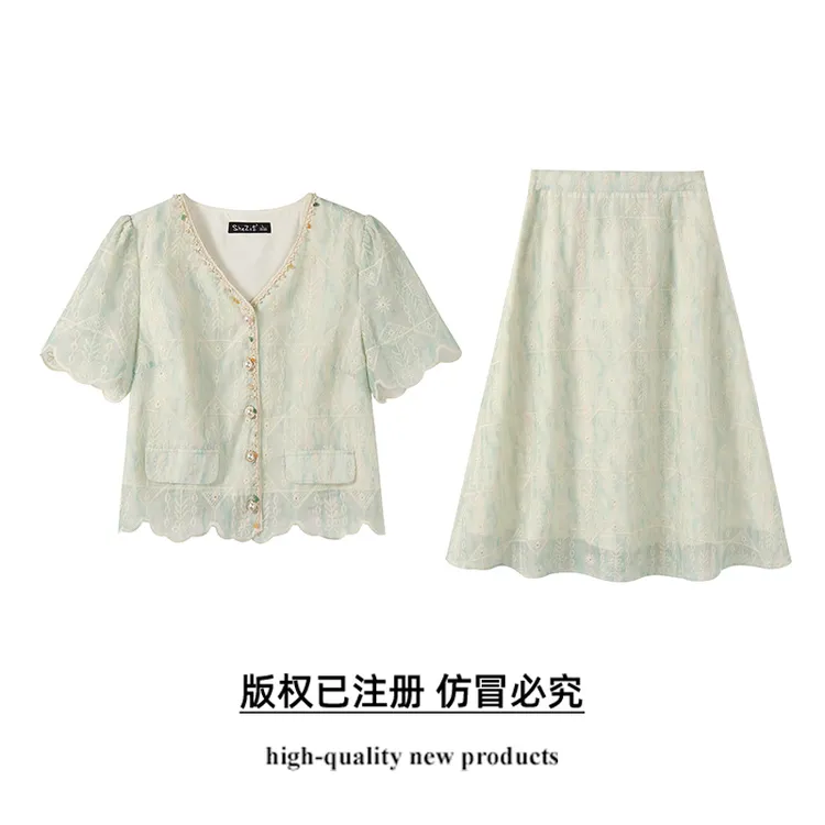 奢姿大码女装2025夏季波西米亚V领两件套胖妹妹假口袋时尚套装