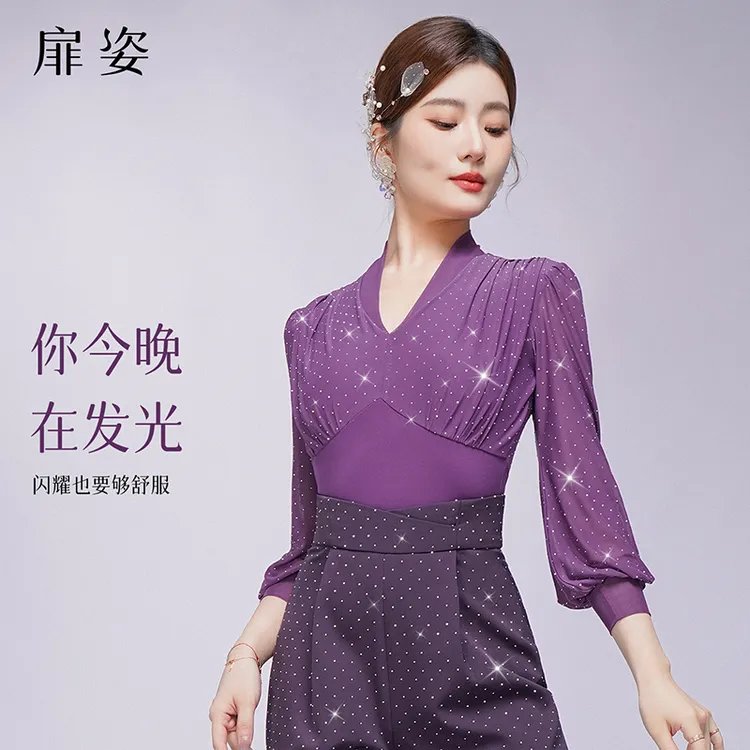 扉姿 摩登舞上衣女新款烫钻交谊舞练功服满天星钻钻跳舞衣服F1296
