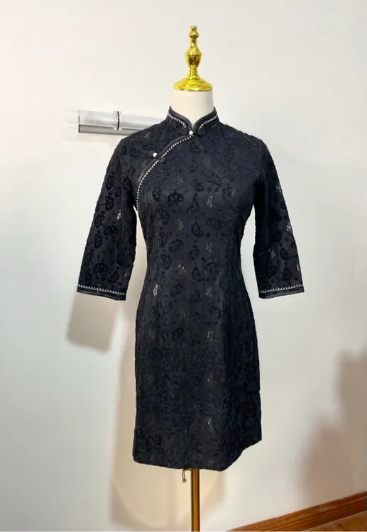 【原相机实拍】春季雪尼尔短款黑色7分袖旗袍短裙