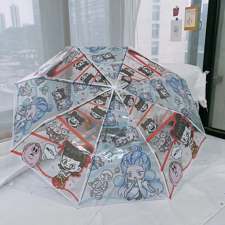【果盟】可爱娜吒彩绘印花透明伞高颜值学生全自动防风雨伞手机礼盒