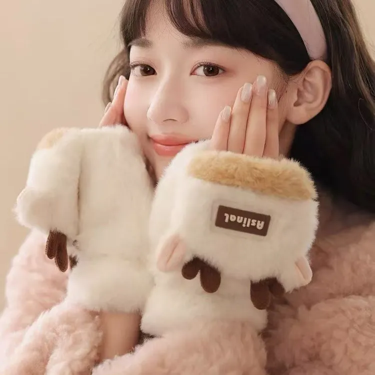 圣诞防风毛绒手套冬季女款加厚保暖女生可爱学生写字防寒半指手套