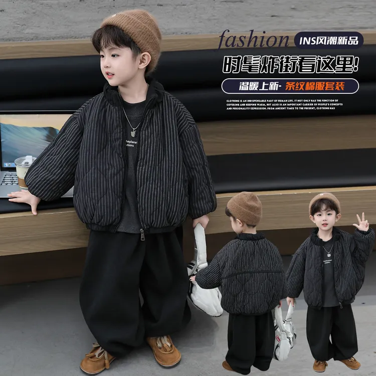 儿童男童加绒套装秋冬季加厚三件套2025新款夹棉衣保暖衣服帅气潮