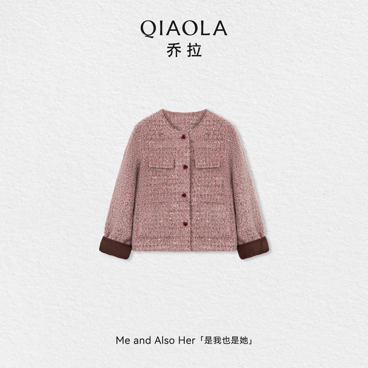 QIAOLA/乔拉【甜蜜蔓越莓】秋冬白鸭绒羊毛圆领纽扣毛呢羽绒外套