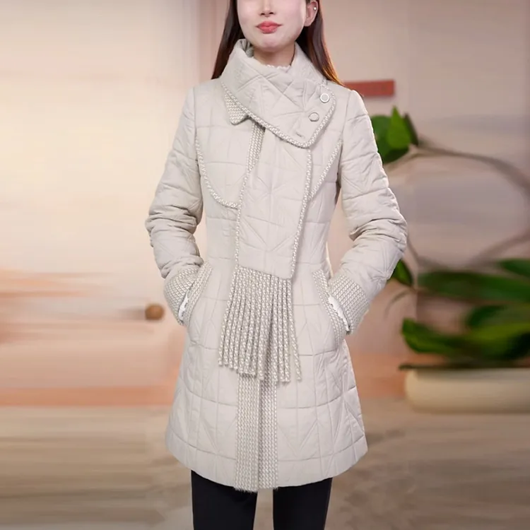 蓄热棉带围巾棉衣外套女2025冬季新款时尚气质修身显瘦中长款棉服