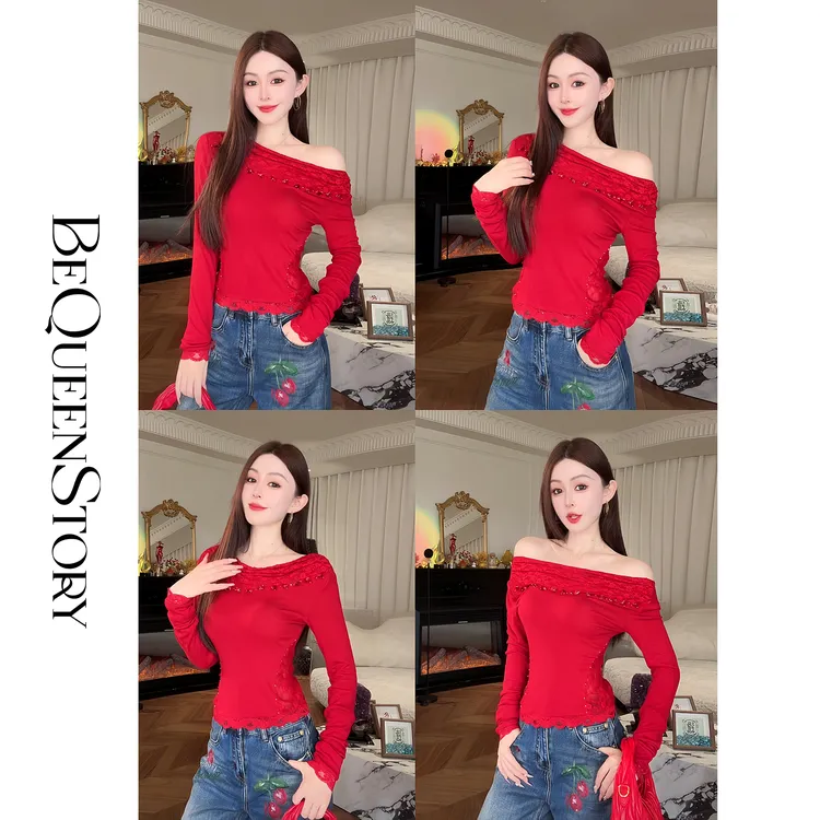 余潇潇【红酒恋人】复古棉感针织拼蕾丝手工钉珠弹力修身多穿法上衣