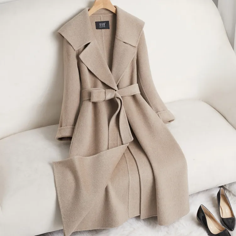 燕麦色双面羊绒大衣女中长款2025年新款时尚百搭高级感羊毛呢外套
