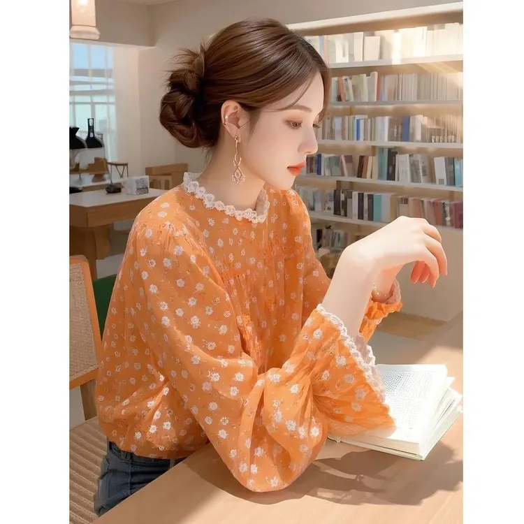 橙色碎花衬衫女高级感轻奢洋气好看小衫2025春季新款法式花边上衣