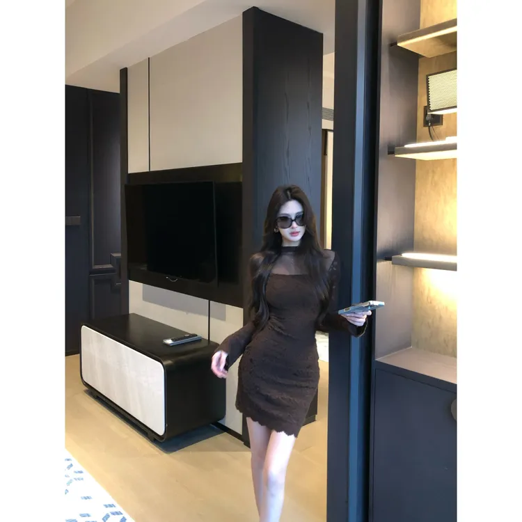 网纱拼接长袖连衣裙秋冬打底裙子复古紧身包臀短裙长裙女F01161