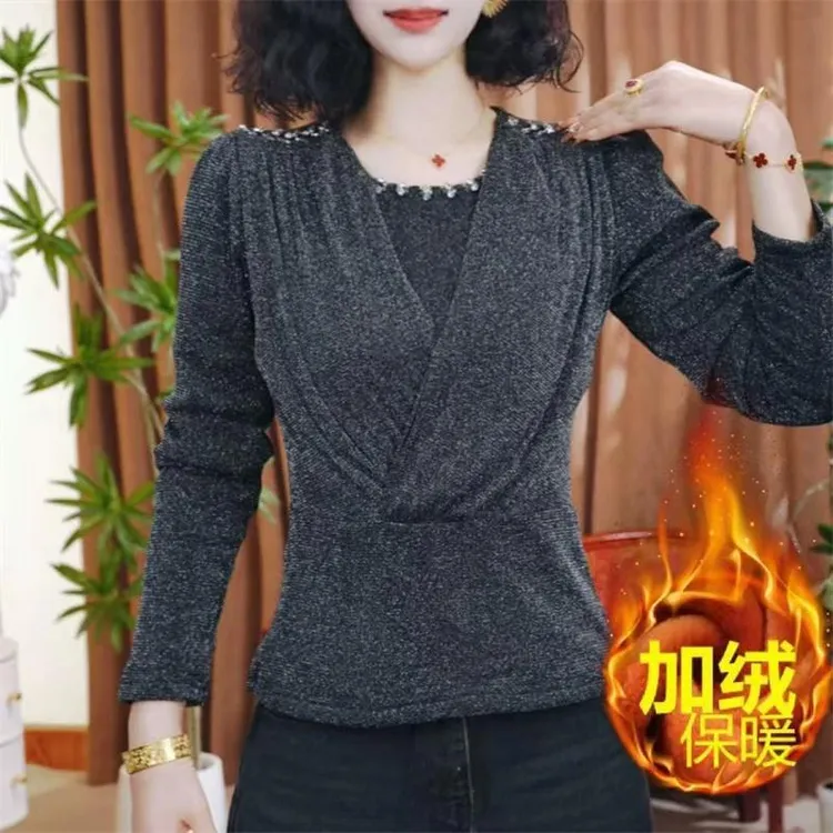 冬季新款加绒时尚气质交叉领小衫洋气百搭串珠长袖打底衫