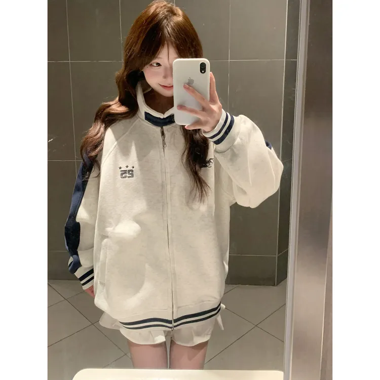 美式潮牌撞色拼接棒球服外套女秋季新款学院风宽松慵懒风开衫夹克