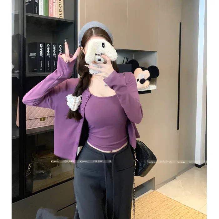 韩系穿搭套装紫色长袖针织开衫女春季修身短款吊带背心上衣两件套