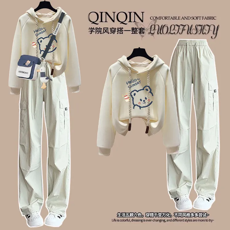 学院风时尚套装女春秋新款学生韩版洋气连帽卫衣帅气工装裤两件套
