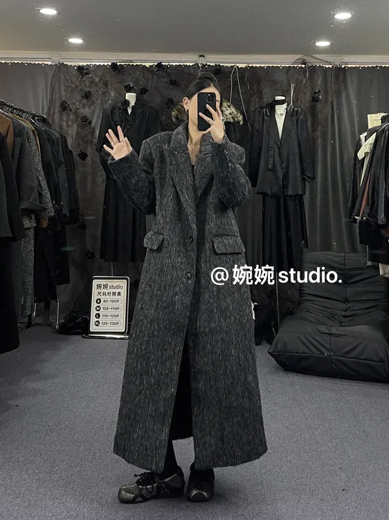 【婉婉studio】厚款西装领法式长款长袖毛呢加棉外套宽松秋冬时尚