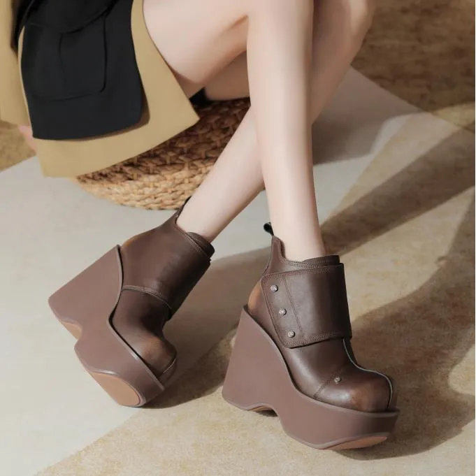 撤柜新款真皮覆古时尚百搭厚底增高小皮鞋女小个子舒适坡跟超高跟