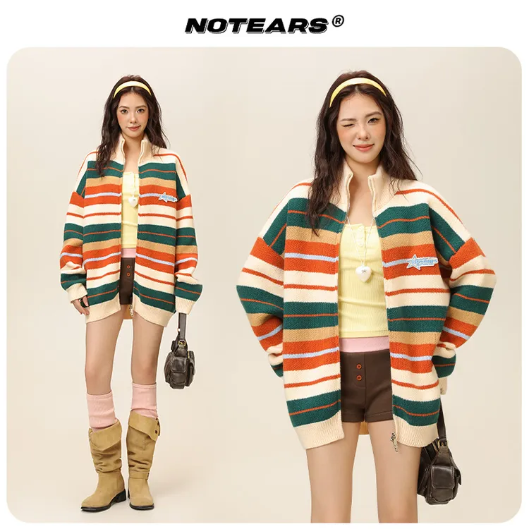 NOTEARS/没有眼泪 减龄学院风撞色条纹彩色毛衣外套情侣上衣6666