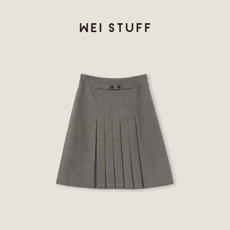 WEI STUFF “海德公园”灰棕色高腰百搭英伦格纹褶皱半裙 6906