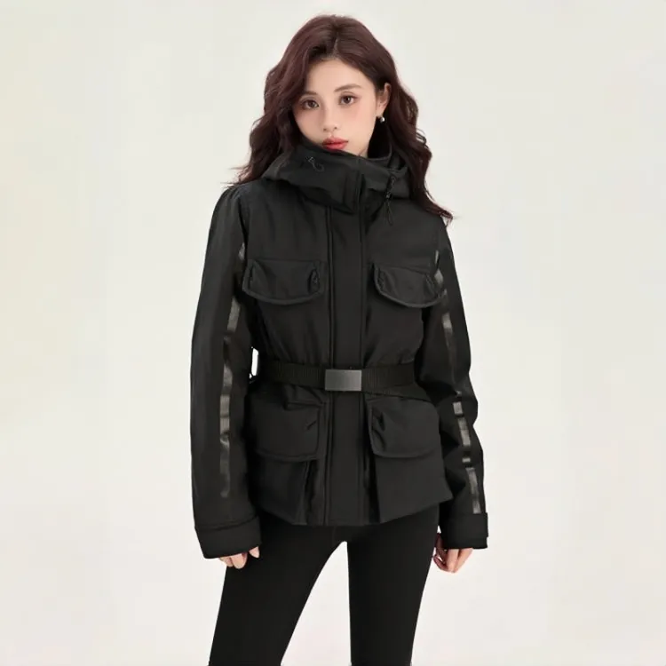 明星同款羽绒冲锋衣女2025年冬季新款连帽收腰加厚工装外套白鸭绒