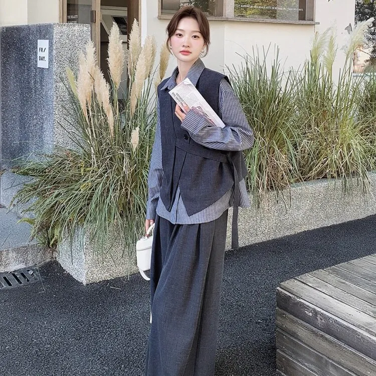 SS2752不规则马甲条纹衬衫阔腿裤套装女松弛感三件套大方得巨好看