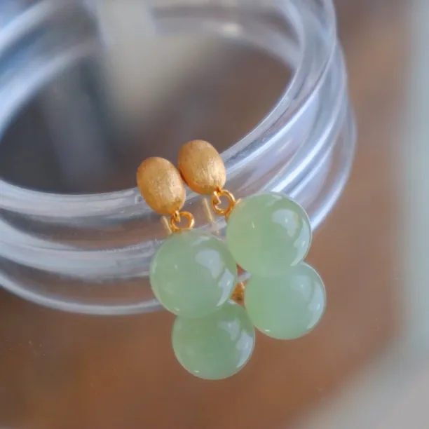 天然和田玉青海料冰晴水圆珠约10mm耳环925银防过敏耳针耳饰@0231