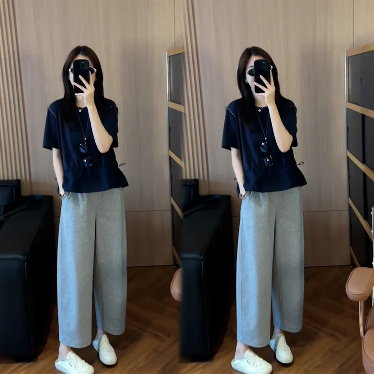 2025夏季新款韩版时尚气质百搭显瘦抽绳收腰T恤女搭配休闲裤套装