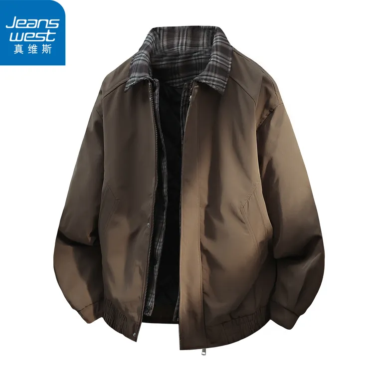 真维斯秋季新款潮流短外套男宽松潮流加绒加厚翻领假两件夹克上衣