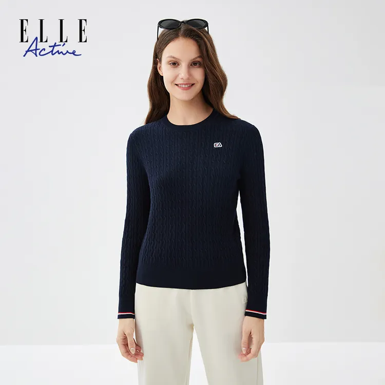 ELLE Active【立体绞花】法式复古长袖针织衫女款圆领轻柔显瘦毛衣