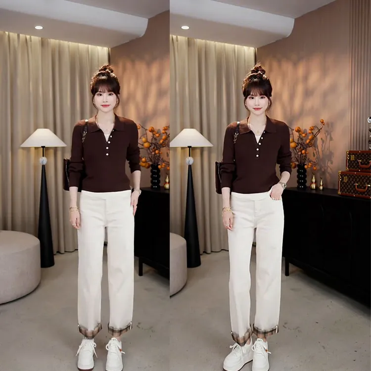 2025秋季新款设计感时尚百搭修身假两件打底衫女直筒休闲裤两件套