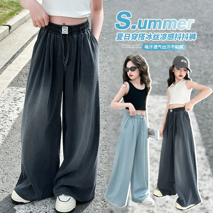 夏装女童裤子2025新款儿童中大童洋气阔腿裤直筒裤薄款牛仔裤潮童