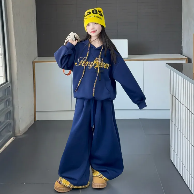 女童套装2025新款秋装儿童洋气时髦中大童韩版连帽卫衣拼格子套装