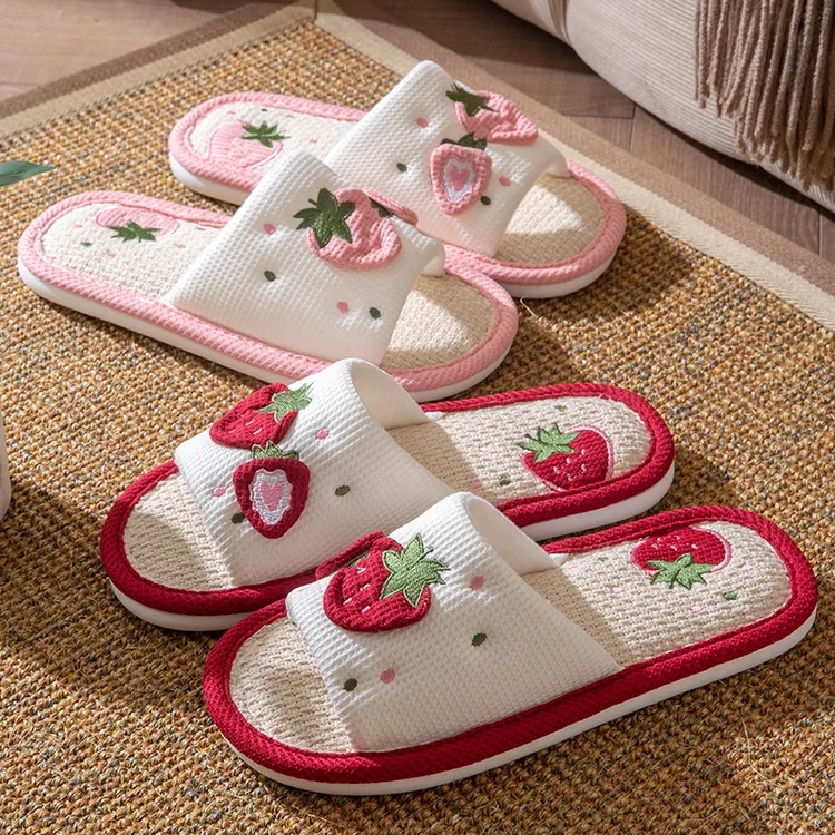 启布熊水果四季亚麻拖鞋女款春秋季静音居家吸汗家居棉麻商品图