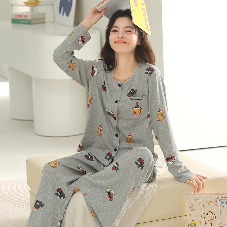 睡衣女春秋纯棉长袖长裤开衫圆领高档休闲可外穿女士家居服套装秋