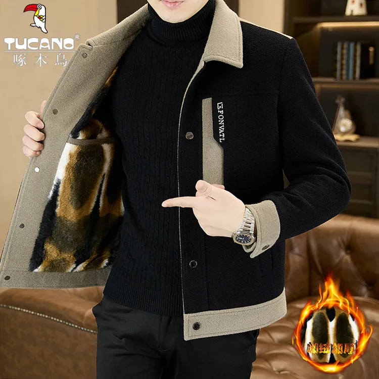 TUCANO/啄木鳥【加绒加厚】冬季时尚撞色翻领男士夹克休闲呢子外套