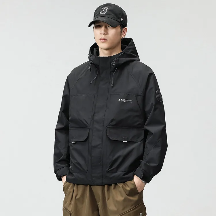 户外冲锋衣外套美式复古工装连帽夹克男款春秋季新款宽松大码男士