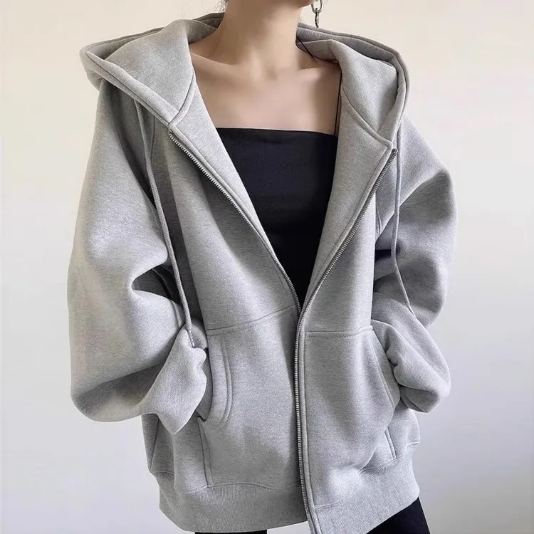 灰色连帽卫衣女2025新款宽松爆款开衫外套女初春秋季加绒加厚上衣
