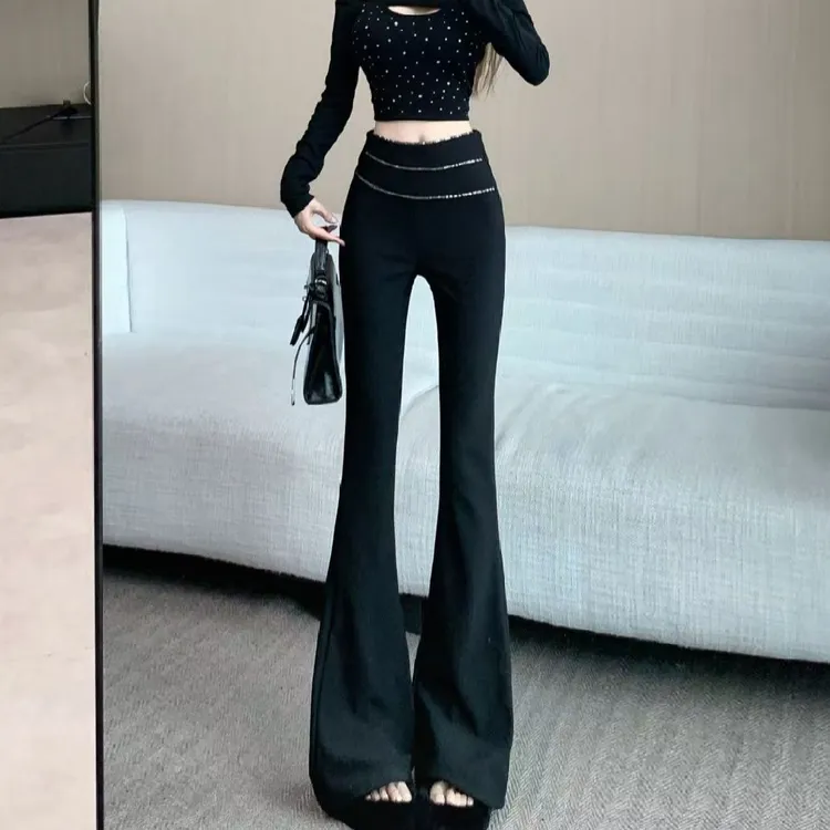 黑色西装喇叭裤加绒女冬季设计感腰头撞色修身显瘦休闲裤拖地裤子