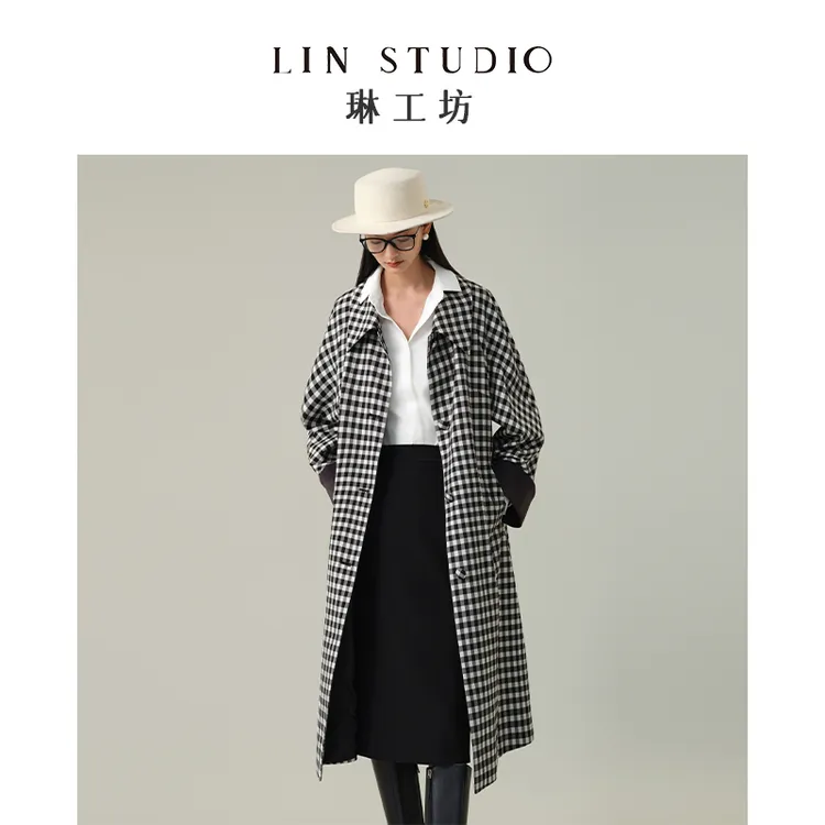 【醋酸+绵羊毛】琳工坊“虚声”黑白格纹风衣气质复古时尚唐琳设计师