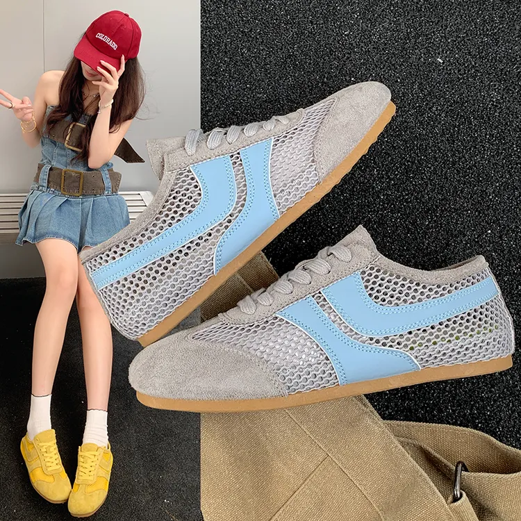 爆款德训2025年夏季新款百搭平底网面阿甘鞋轻便透气德训鞋黄色