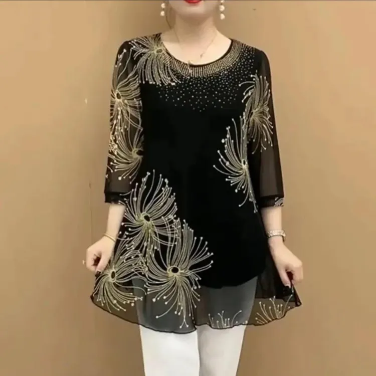 中老年妈妈夏装新款大版遮肉显瘦中长款小衫七分袖上衣妈妈装