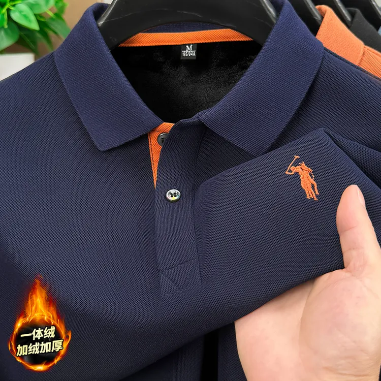【加绒加厚】冬季新款男士刺绣翻领长袖Polo衫商务休闲打底衫上衣