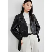 爱客翻领春季上衣女装短款休闲皮衣宽松型修身型口袋rl25332w002