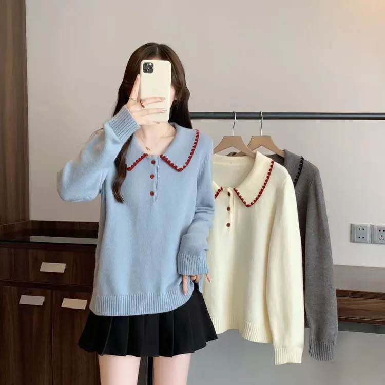 韩系甜美翻领针织衫女2025秋季新款大码胖mm宽松显瘦百搭毛衣上衣